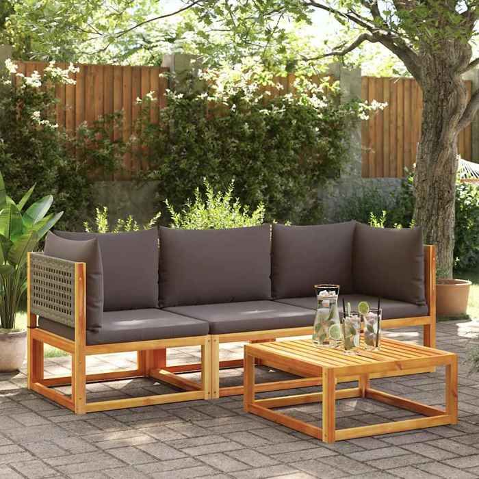 (Brun)Salon dextérieur - Canapé dangle de jardin - Sofa de jardin - avec coussins en bois dacacia et rotin - 65x65x65 cm @FR14949