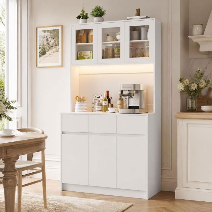 Buffet de Cuisine - AKABER - Avec 6 portes et 3 tiroirs - 178x40x98cm - Avec LED Prises et USB - Pour CuisineSalle à manger-Blanc