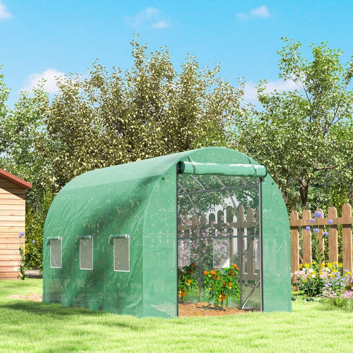 Serre tunnel 3x2x2 m EVRYAE - avec 6 fenêtres porte enroulable et parois latérales relevables - Vert