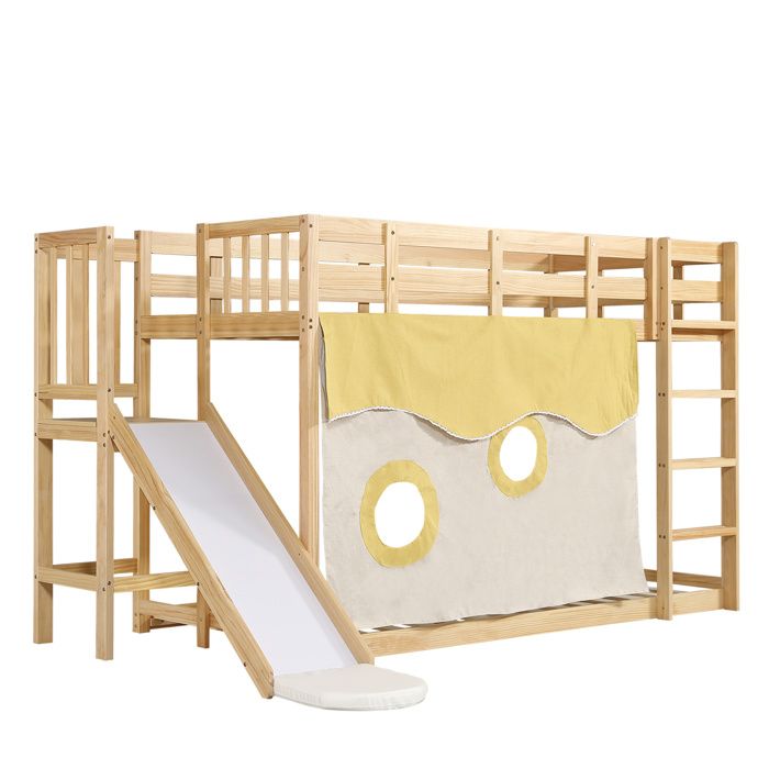 Lit surélevé enfant 90 x 200 cm naturel avec toboggan échelle barrières et rideaux