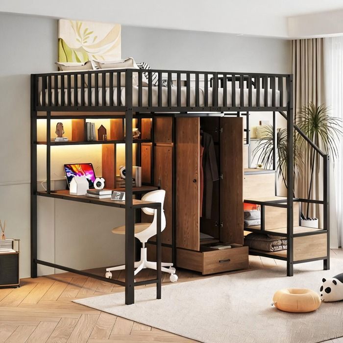 Lit mezzanine métal 140x200 cm avec bureau penderie et LED - Deep black