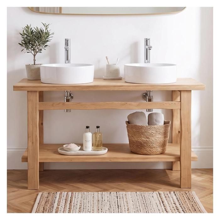 Meuble double vasque sur pieds OFICIO 140cm en chêne massif esprit établi Meuble double vasque sur pieds OFICIO 140cm en chêne massif esprit établi