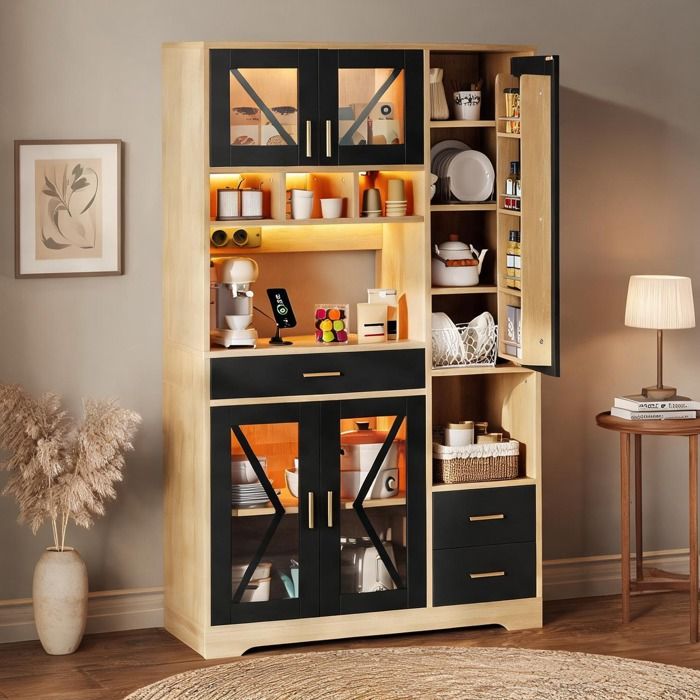 Buffet haut style grange en MDF noir mat et naturel avec éclairage LED et prises 185x105x40 cm
