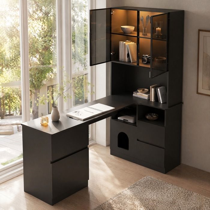 WUVRIE Bureau d’angle 120 x 80 x 180 cm avec étagère intégrée vitrine LED 7 couleurs 3 tiroirs et 2 portes
