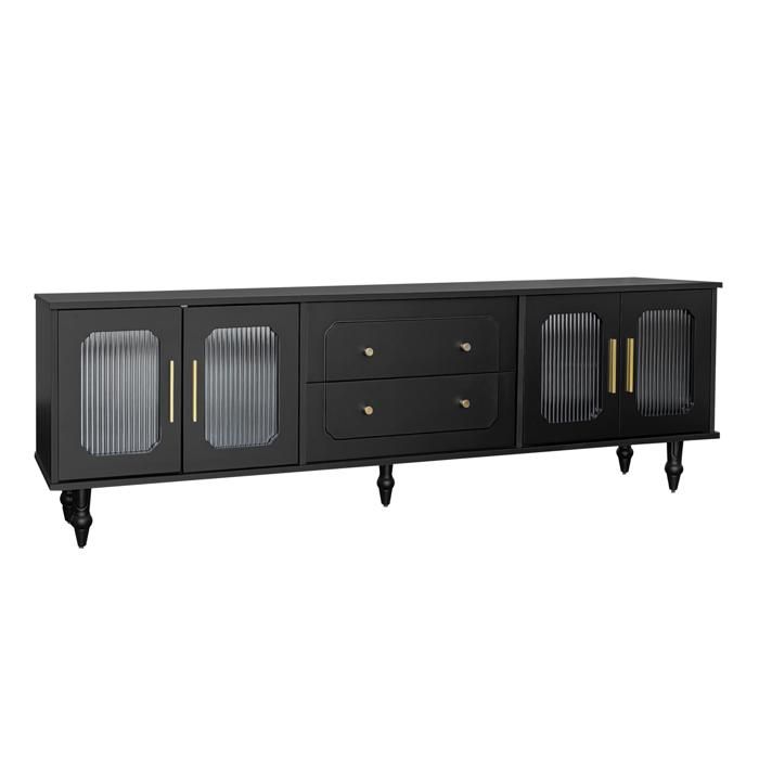 Modenuit meuble TV 175 cm style rétro noir avec 4 portes en verre rainuré 2 tiroirs et poignées dorées
