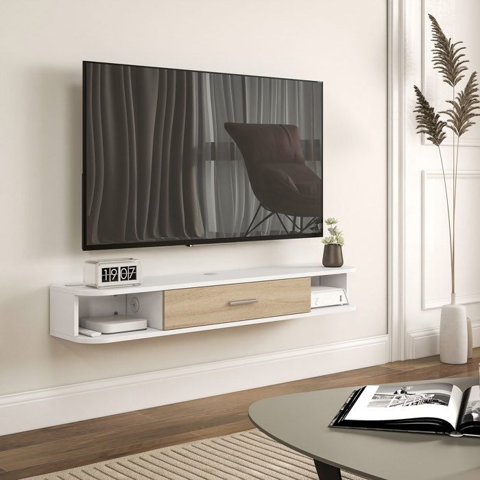 Meuble TV mural - PAGE LIVING - 120 cm - Blanc - Porte rabattable - Accueille TV jusquà 50 pouces