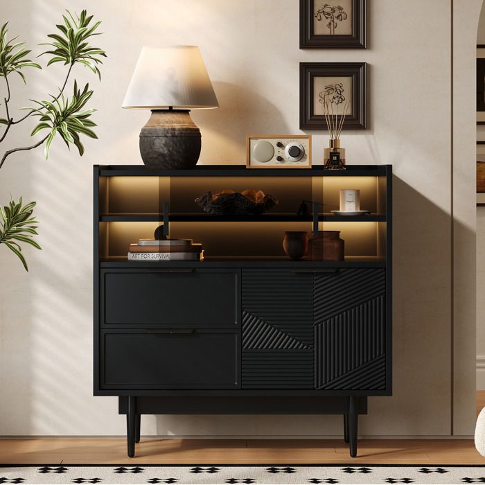 WOVREO meuble de rangement 80 x 35 x 80 cm noir avec LED réglable portes coulissantes en verre et 2 tiroirs