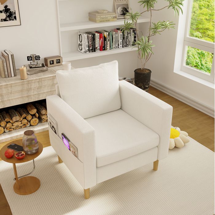 ROVRYN Fauteuil 1 place beige en chenille avec poche laterale et accoudoirs style scandinave 68 x 71 x 82 cm