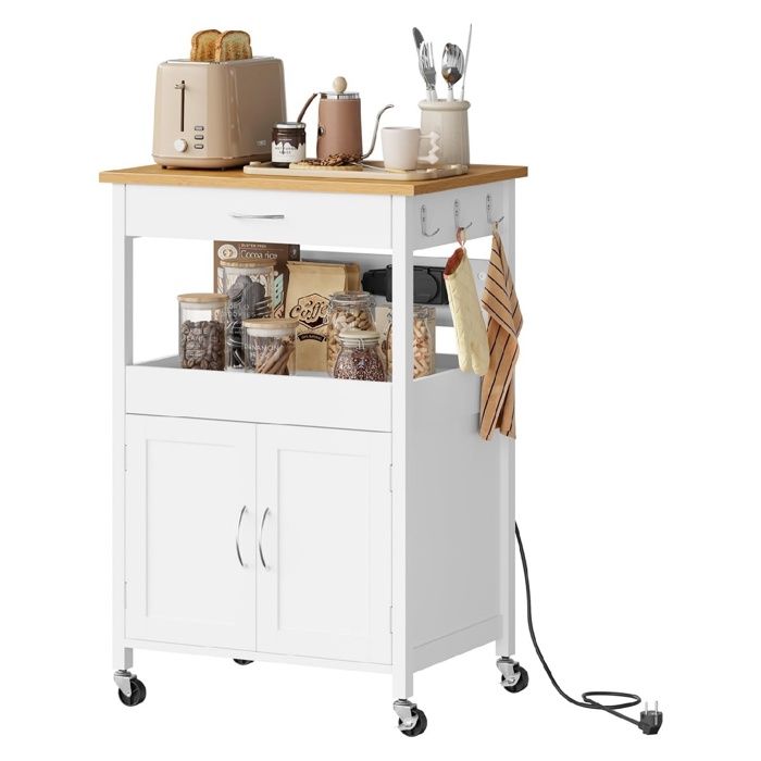 WOLTU Desserte de Cuisine avec Multiprise 60x45x92 cm Îlot Chariot de Cuisine - 2 Verrouillables Bambou+Blanc WOLTU Desserte de Cuisine avec Multiprise 60x45x92 cm Îlot Chariot de Cuisine - 2 Verrouillables Bambou+Blanc