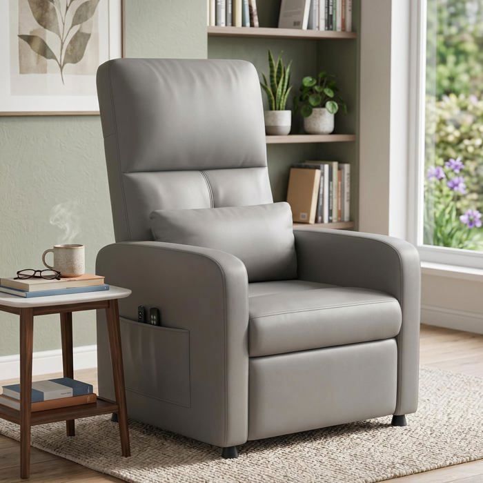 Fauteuil Massant Électrique –Chauffage 8 Modes Relaxation et Aide au Relevé – Dossier Haut Repose-Pieds Allongé-Gris