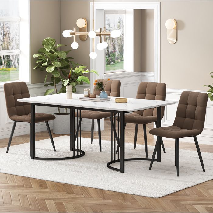 Ensemble de salle a manger 5 pieces table 140 x 80 x 75 cm avec 4 chaises en velours plateau MDF blanc effet marbre