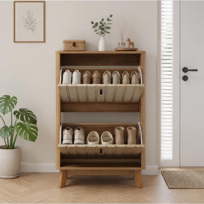 Meuble à chaussures dentrée 60 cm à abattant rangement fermé anti-poussière - BEAUNIV - scandinave chêne 60×24×94 cm