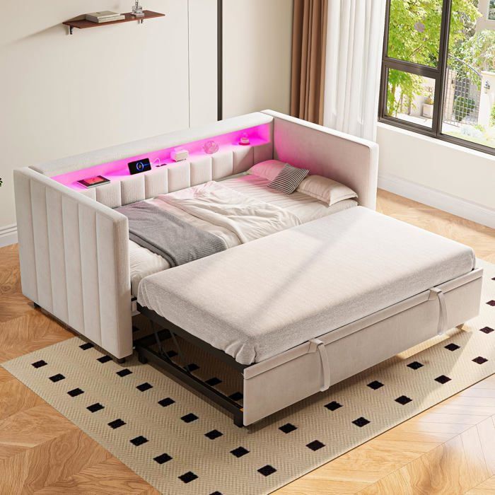 Canapé-lit multifonctionnel 90x190cm avec lit gigogne port USB Type-C Ambiance LED Housse en velours et espace de rangement Beige
