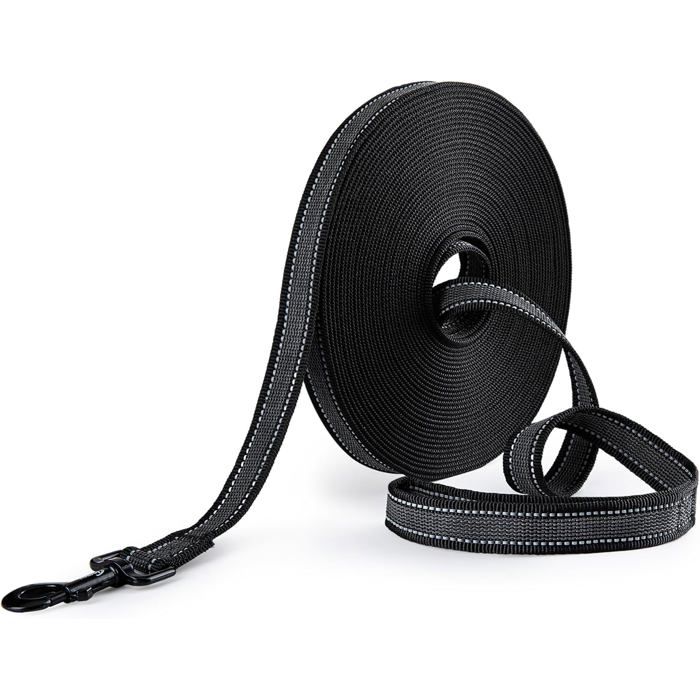 Longe pour chien 15 m x 2 5 cm - Noir - Nylon et caoutchouc - Antidérapante - Bandes réfléchissantes