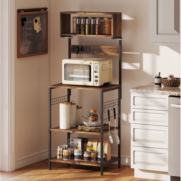 Meuble micro-ondes cuisine 5 étagères avec 5 crochets en S et 2 prises électriques métal noir brun rustique JOINERY