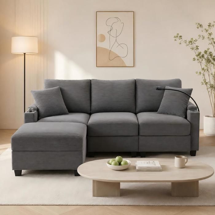 Ulsam Canapé dangle convertible en tissu Gris- 3 places. fauteuil dangle réversible coffre lit modulable