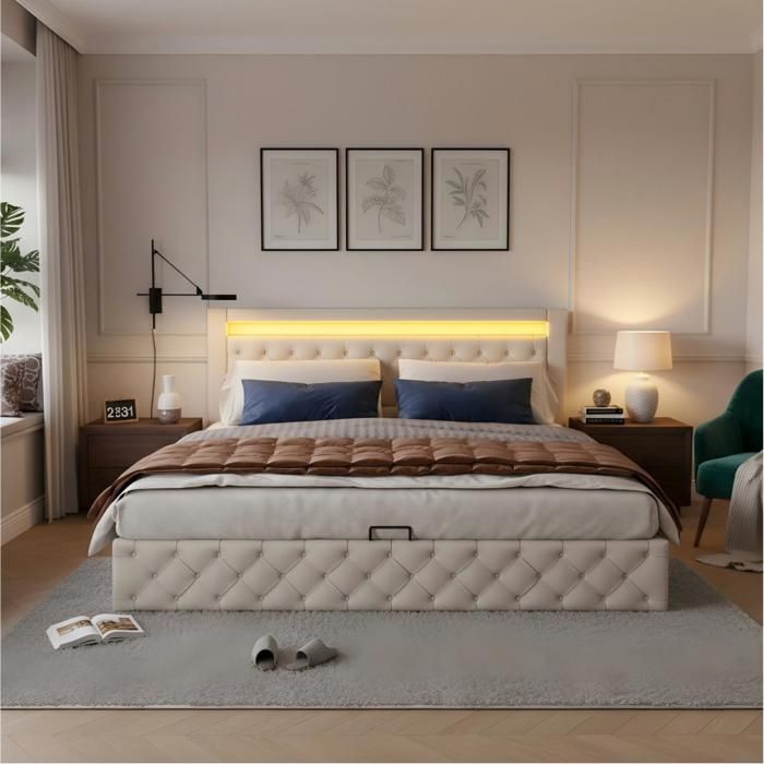 Lit double 140x190 cm blanc avec sommier à lattes rangement sous le lit et éclairage LED pour une chambre moderne