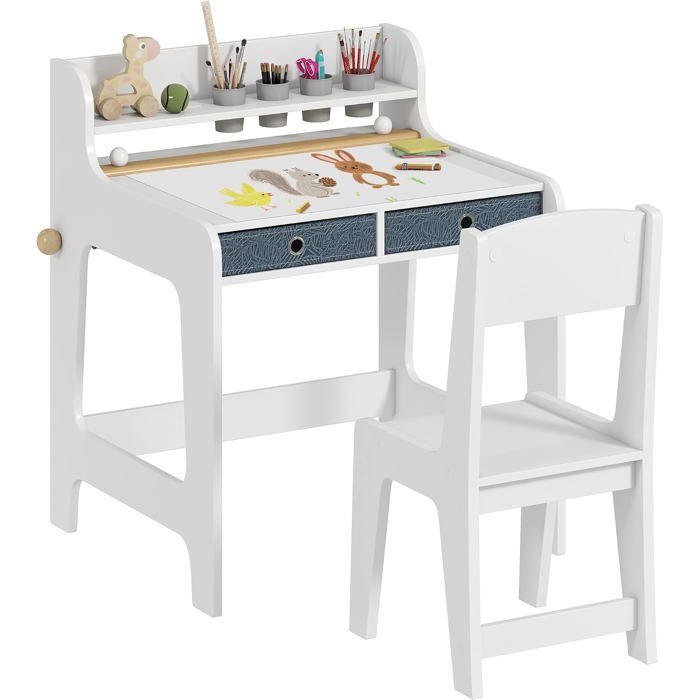 AIYAPLAY Bureau Enfant avec Chaise MDF Blanc 2 Tiroirs Étagère et 4 Porte-gobelets pour Chambre ou Salle de Jeux