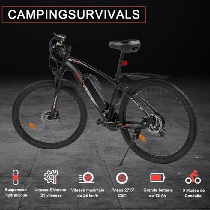 Vélo électrique, VTT électrique avec batterie amovible 36V 13Ah, 3 modes de conduite, noir