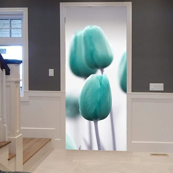 Autocollant Porte 3D Fleur Plante 83x205cm - Stickers Vinyle Étanché Beige Clair