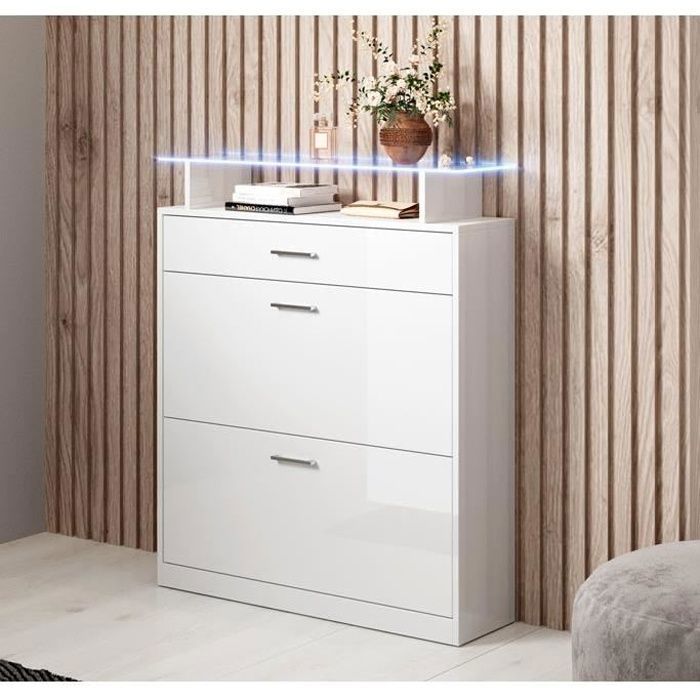 Design Ameublement - Meuble à Chaussures PAOLA LED - 2 portes 1 tiroir - Blanc Brillant - 89x105x24cm Design Ameublement - Meuble à Chaussures PAOLA LED - 2 portes 1 tiroir - Blanc Brillant - 89x105x24cm