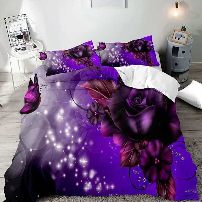 Housse de Couette 220x240 Fleur violette réaliste Imprimée Microfibre
