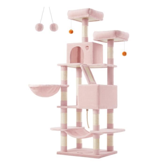 Meilleurs prix pour Arbre à Chat, Hauteur 168 cm, avec 13 Griffoirs, 2 Plate-forme, 2 Niches, Panier, Hamac, Pompon, Tissu Peluche, Rose Bonbon