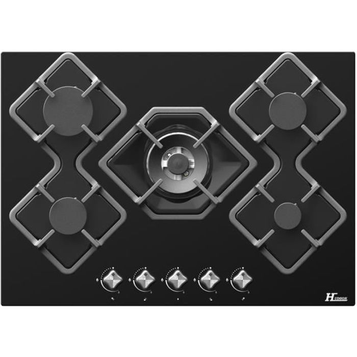 Table de cuisson 5 Foyers Gaz Encastrée 70 cm Verre Noir L 71xl