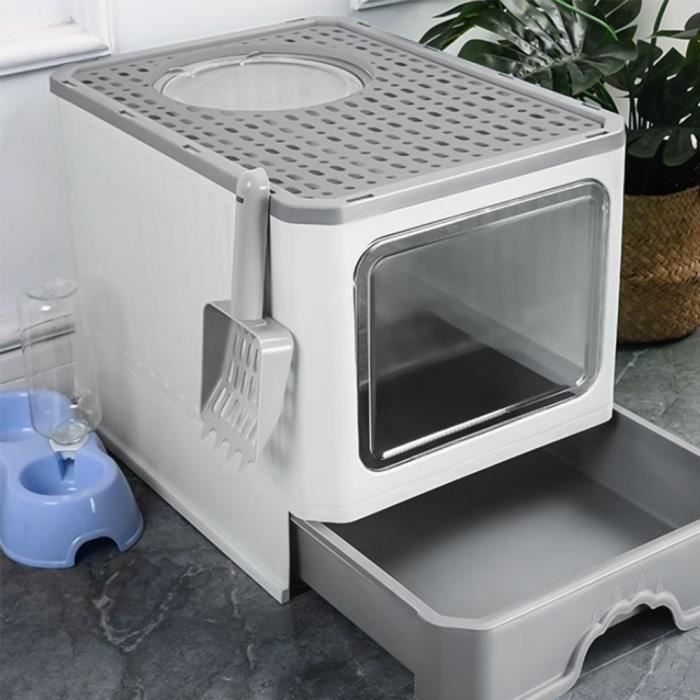 Meilleurs prix pour HUOLE Bac à litière pour chat avec une pelle à litière, Gris, toilette pour chat portbale, 50* 35 * 38 cm