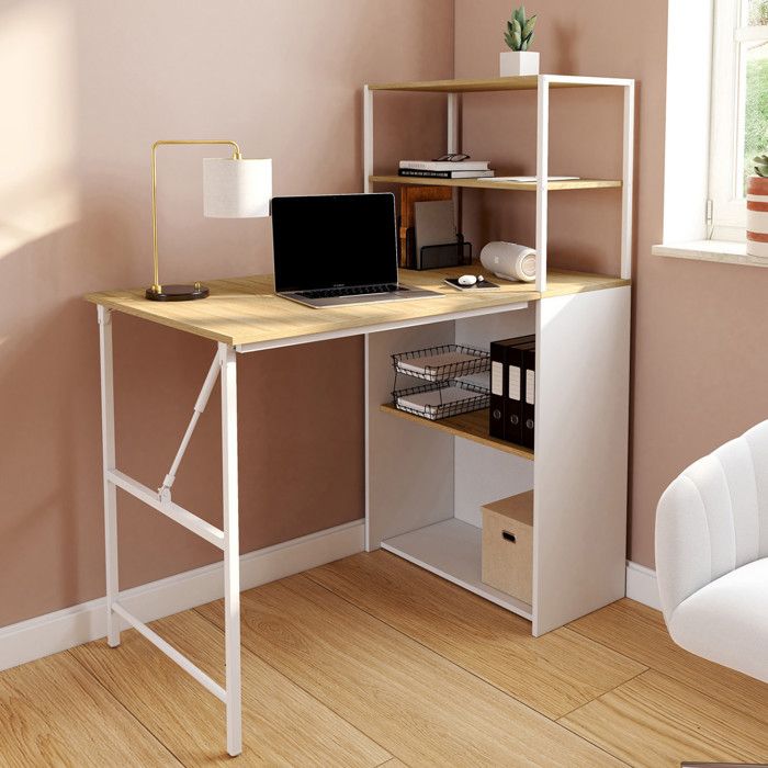 IDMARKET Bureau bibliothèque pliable RAY plateau rabattable bois façon hêtre et blanc IDMARKET Bureau bibliothèque pliable RAY plateau rabattable bois façon hêtre et blanc