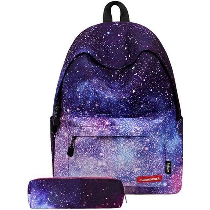 sac à dos d'école cartable scolaire fille + une trousse à crayons classique grande taille 20-35l deux pièce violet