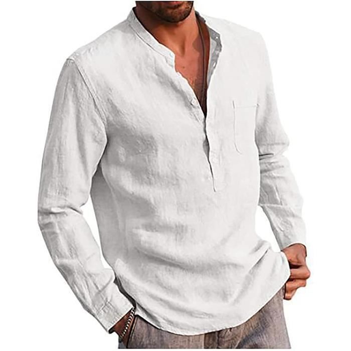 chemise lin homme henley chemisette manches longues, chemise casual, chemise à chic et élégant, chemise de plage col v chemise été