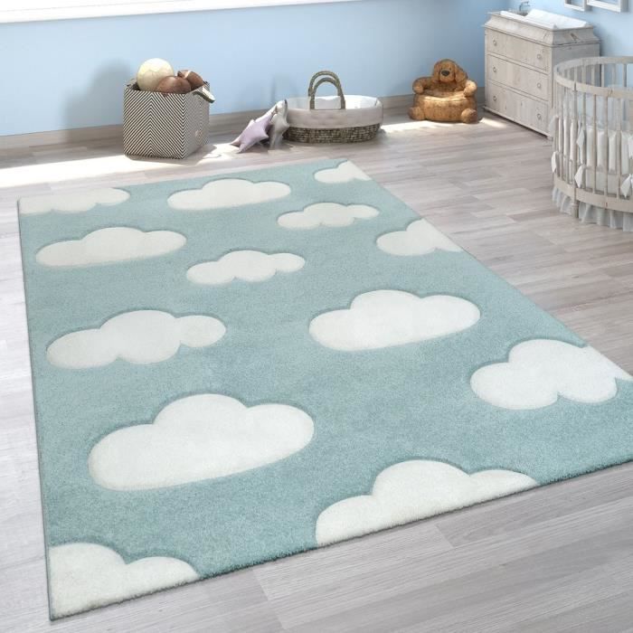 Tapis Chambre Enfant Adorable Couleurs Pastel Motif Nuages Poils Ras En Bleu Blanc O 133 Cm Quadrat Cdiscount Maison