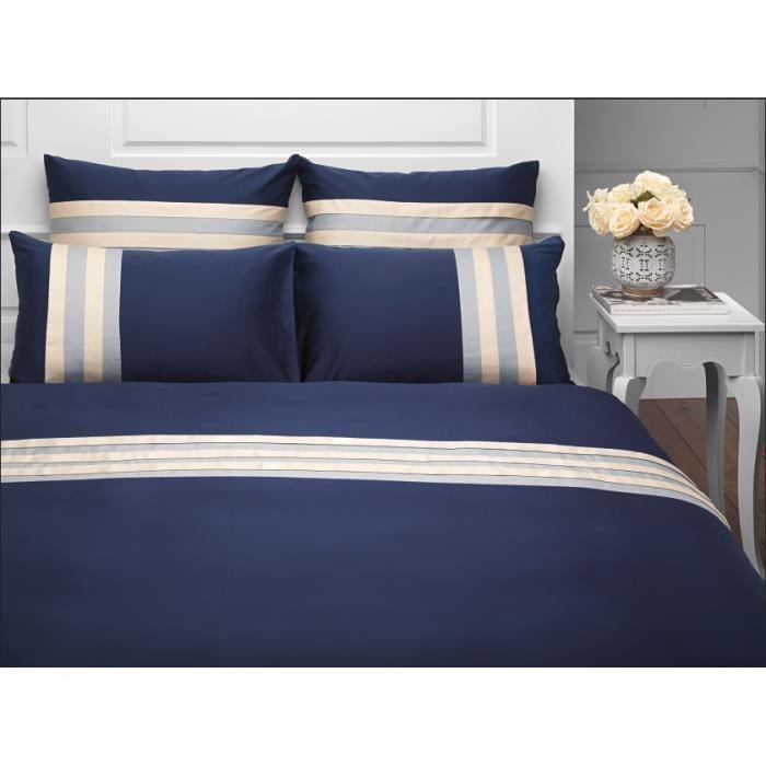 Parure De Couette Martine Plissee Bleu Marine Ecru Gris Perle Satin De Coton Salome Prestige 240x220 Achat Vente Housse De Couette Et Taies Cdiscount