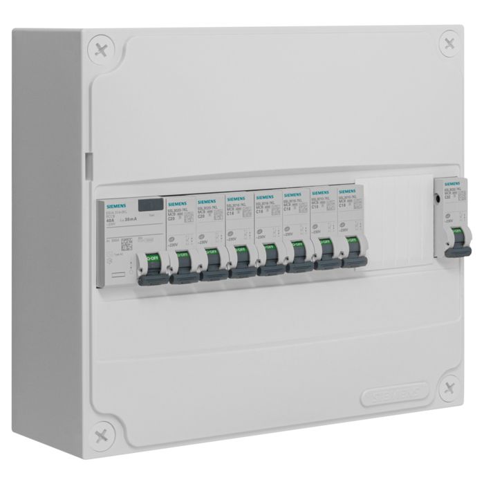 Tableau électrique pré équipé SIEMENS 1 rangée Interrupteur différentiel 8 disjoncteurs IP30 IK05