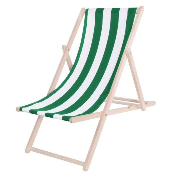 Transat de Jardin - SPRINGOS - Chaise longue pliante en bois de plage - Réglable en 3 positions - Vert/Blanc
