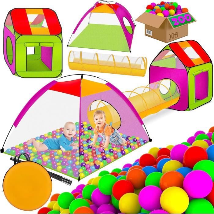 Tente Igloo Enfants Tectake Avec Tunnel + 200 Balles - Multicolore - Jeu D'Intérieur/Extérieur - Sécurisé