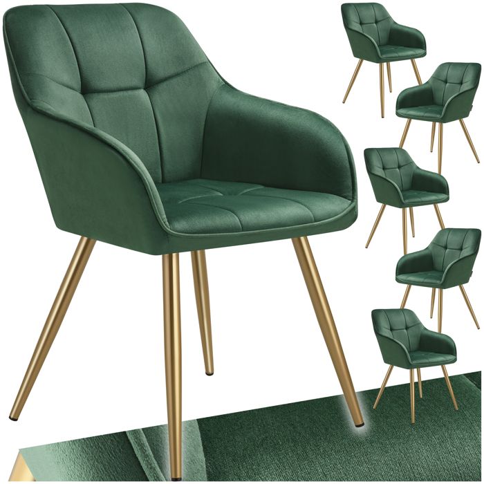 Chaise - TECTAKE - Lot de 6 chaises MARYLIN effet velours capitonné rembourrée et pieds acier doré 58 x 62 x 82 cm - Vert/Or