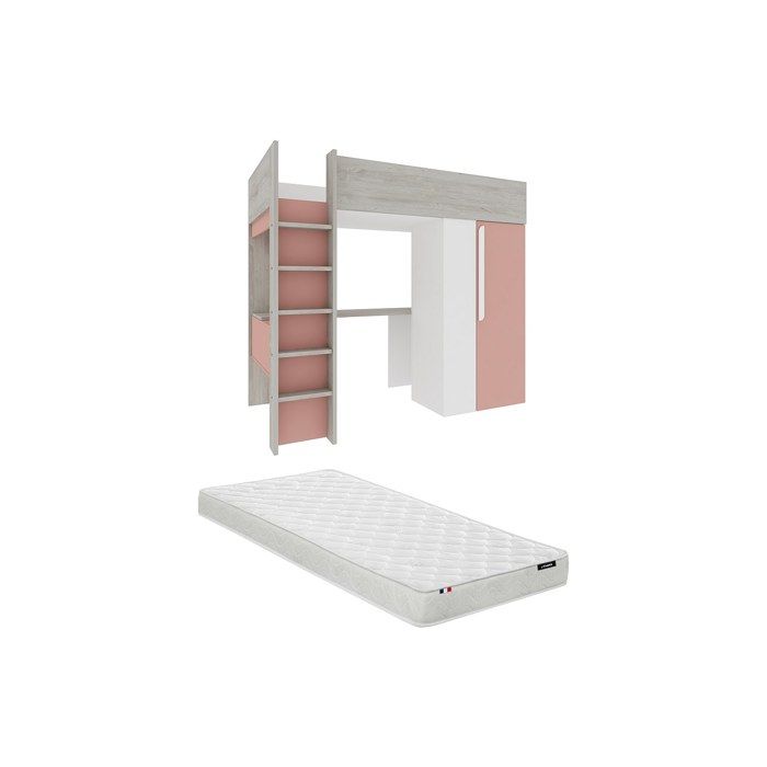 Lit mezzanine 90 x 200 cm avec armoire et bureau - Rose et blanc + matelas - NICOLAS