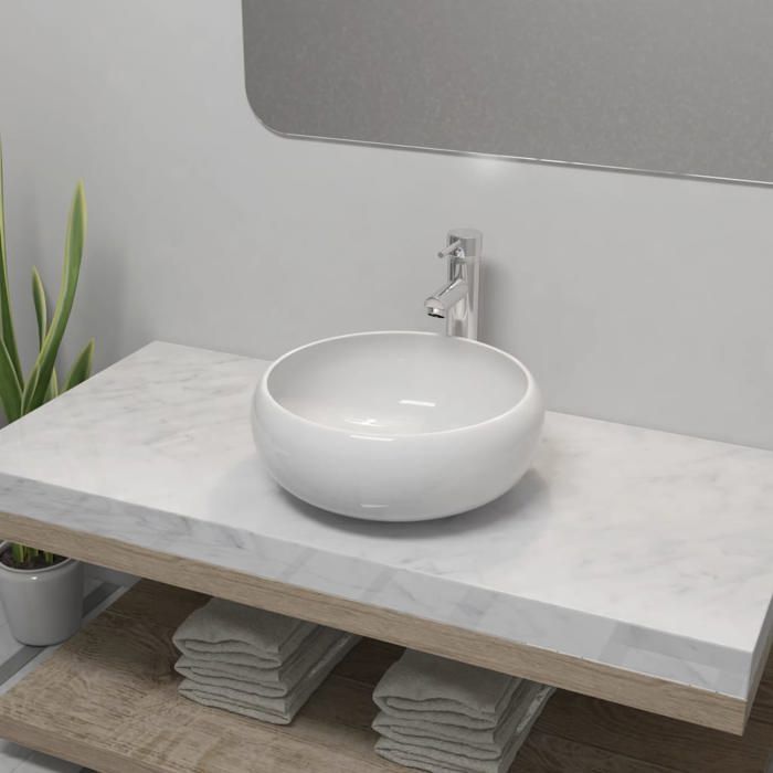 vidaXL Lavabo de Salle de Bain avec Mitigeur Céramique Rond Vasque 275495