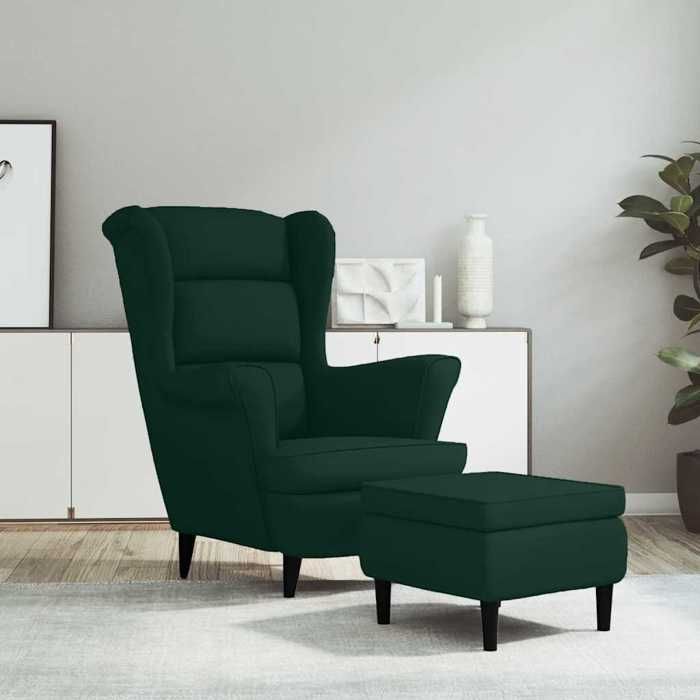 vidaXL Fauteuil à oreilles avec tabouret vert foncé velours 3115933