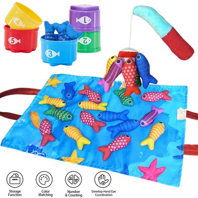 Jouet Montessori Jeu Pêche Montessori Bébé 1-3 Ans - 22 Pièces Avec Canne, Poissons Tissu, Seaux Empilables Activité Motricité Fine