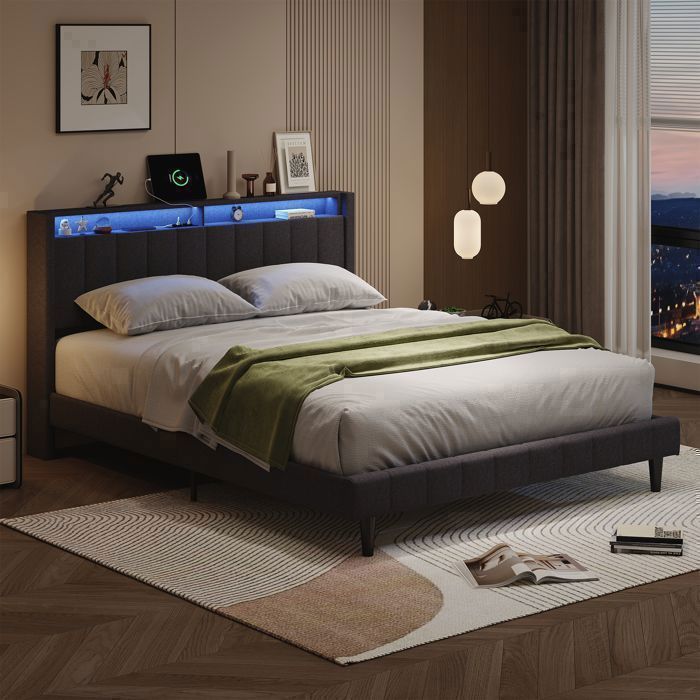 Lit Double 160x200cm LIVLUX Avec Tête LED, 4 Tiroirs Et Sommier Lattes - Lin Beige