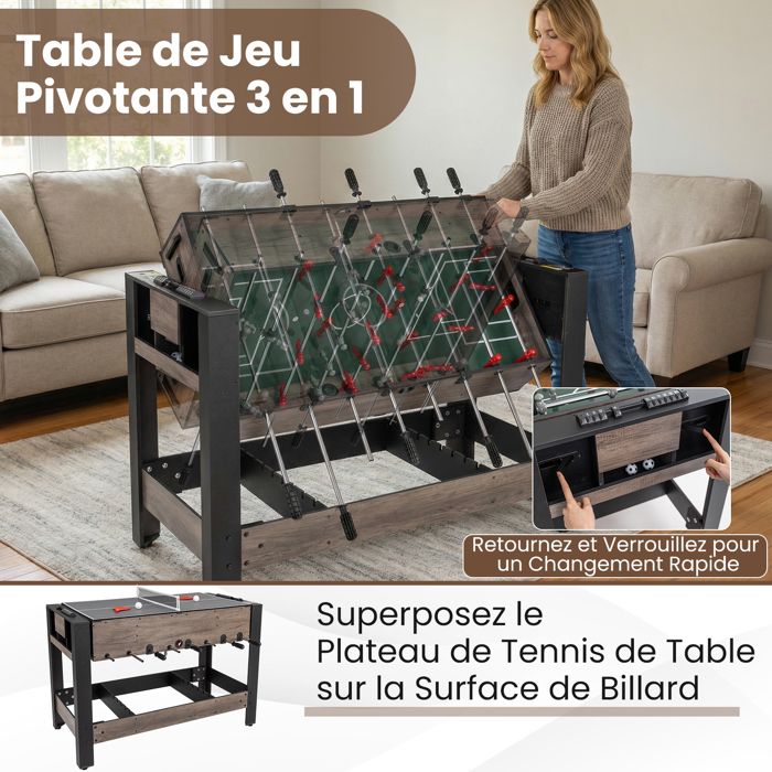 GIANTEX Table Multi-Jeu 3 en 1, Ping Pong, Baby-foot et Billard ...