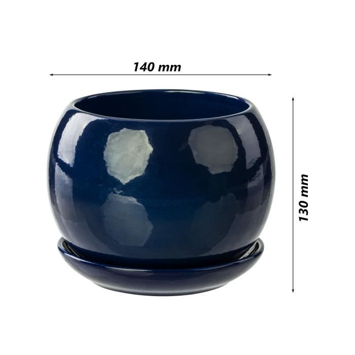 Pot de fleur bleu foncé avec soucoupe Rond 130 mm x 140 mm Surface brillant