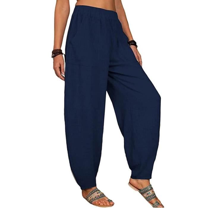 Pantalon Léger Respirant Pantalon Large Femme Lin Coton - Taille Haute Élastique Sarouel Léger Décontracté Avec Poches Taille Haute élastique