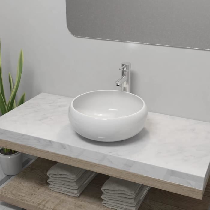 VidaXL Lavabo de salle de bain avec mitigeur Céramique Rond Blanc -  Cdiscount Bricolage