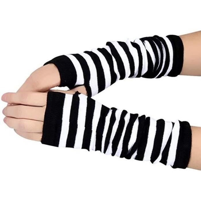 Ensemble Manchettes Et Chaussettes Hautes Rayées Noir Et Blanc Pour Femme - Taille Unique - Coton Mélangé - Pour Automne/hiver - 5