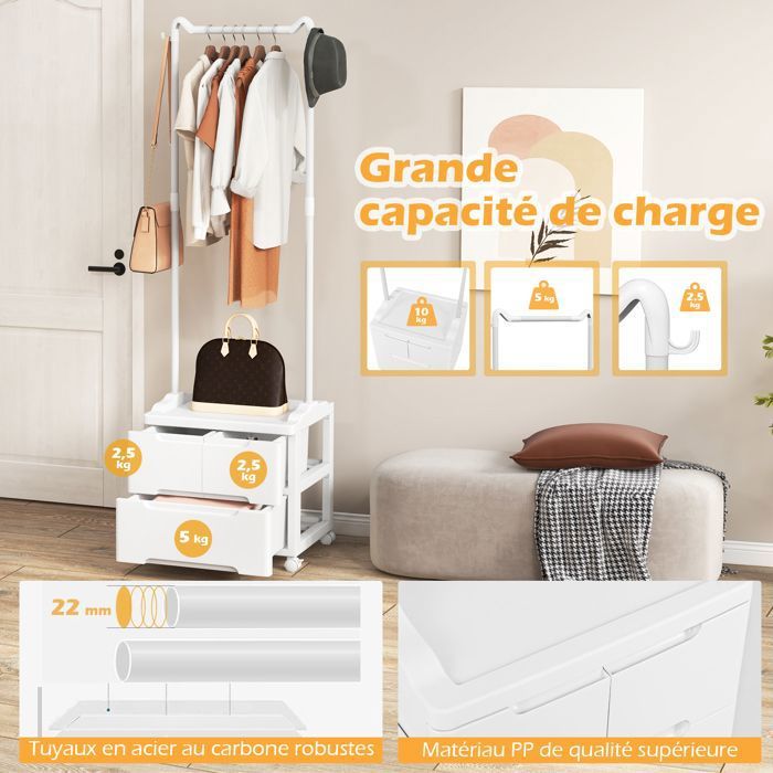 Portant à Vêtements Métal – 4 Tiroirs + 1 Tringle – 90x40x180 Cm – Anti-rouille – Montage Facile – Chambre, Dressing