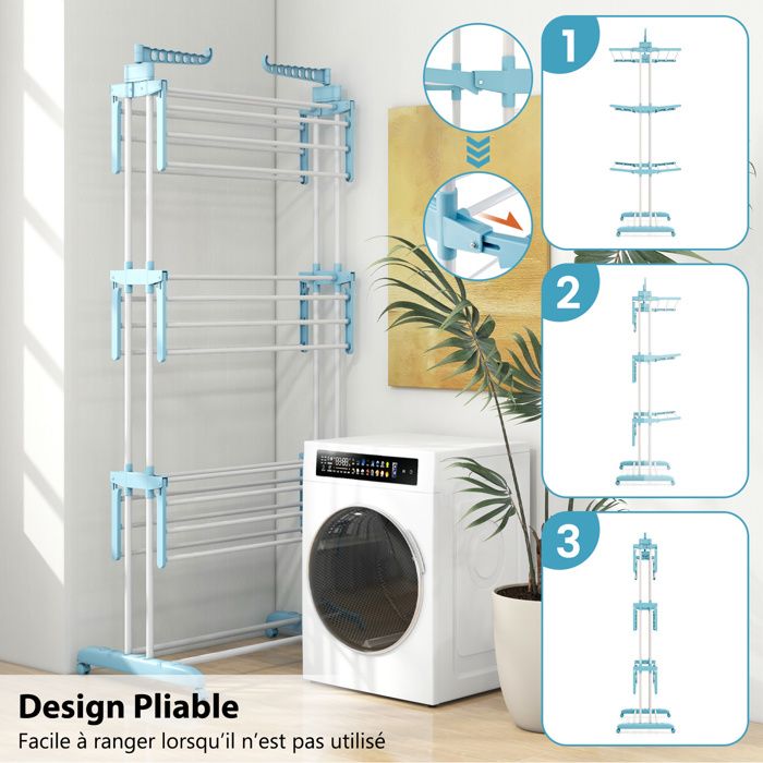 COSTWAY Séchoir à Linge Pliable 2 Niveaux En Métal – 33 Barres, 4 Ailes Réglables En Hauteur, Pinces à Chaussettes Intégrées, Idéal Intérieur/Extérieur